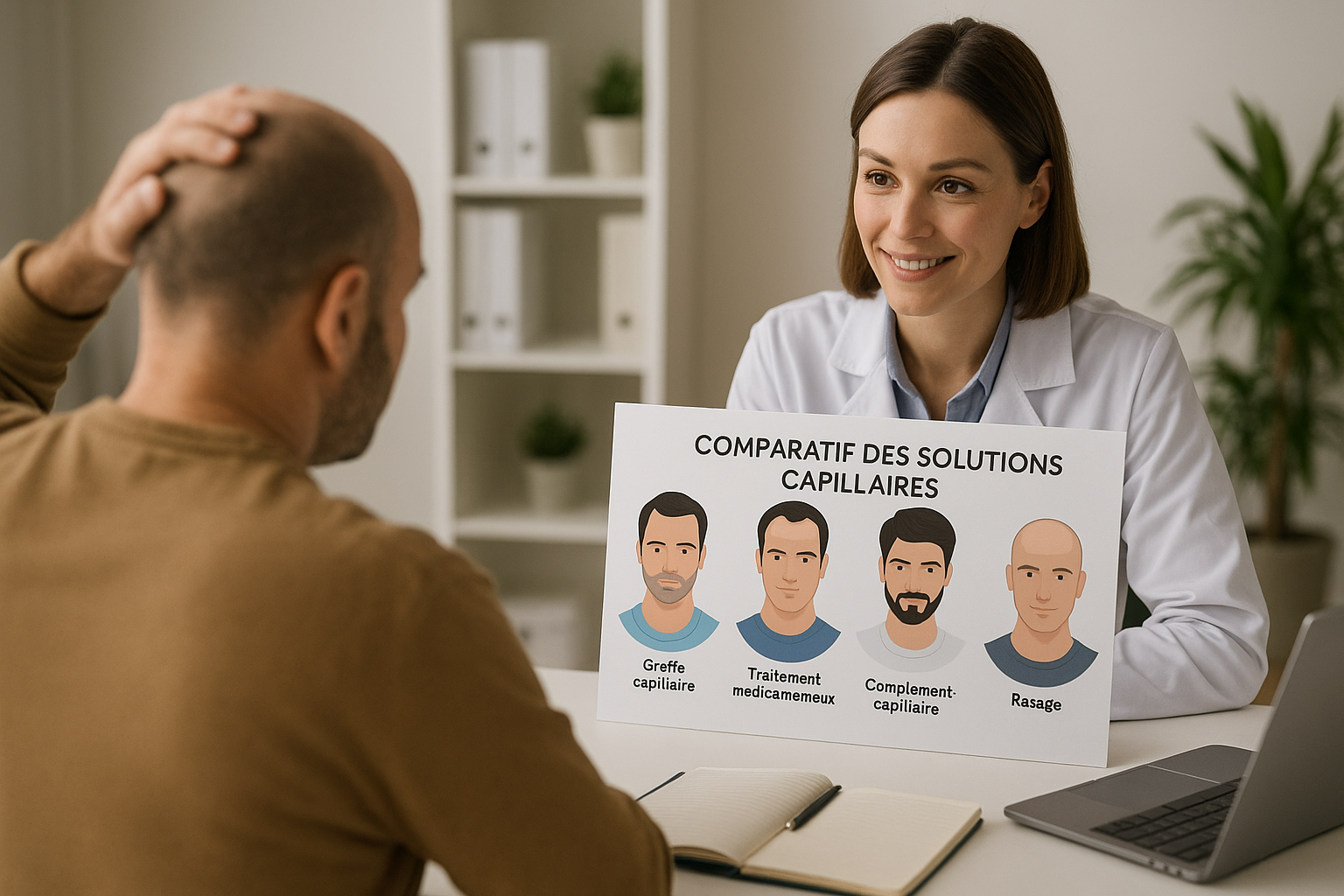 Comparatif visuel des solutions contre la calvitie : prévention, soins, PRP, implants & microgreffes